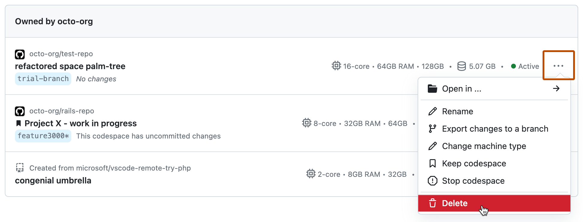 codespace 列表的屏幕截图，显示其中一个 codespace 的下拉菜单，其中显示“删除”选项。