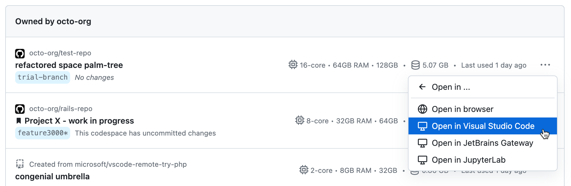 “在...中打开”对话框的屏幕截图，其中突出显示“在 Visual Studio Code 中打开”。