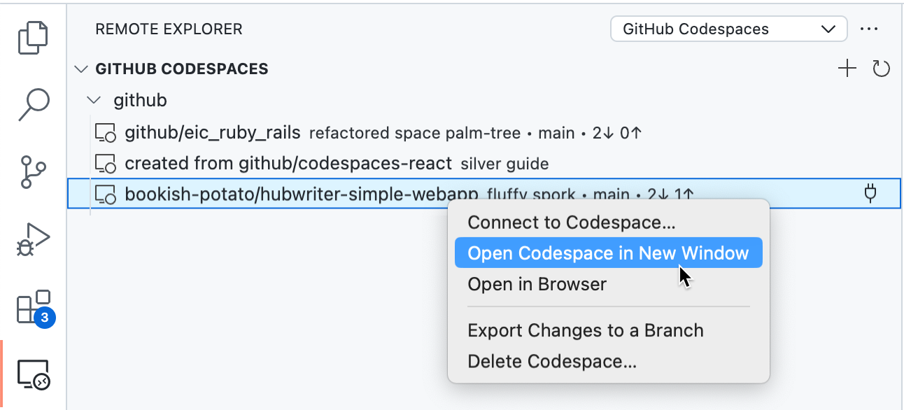 在“远程资源管理器”中选择的 codespace 的屏幕截图，右键单击菜单中突出显示了“在浏览器中打开”。