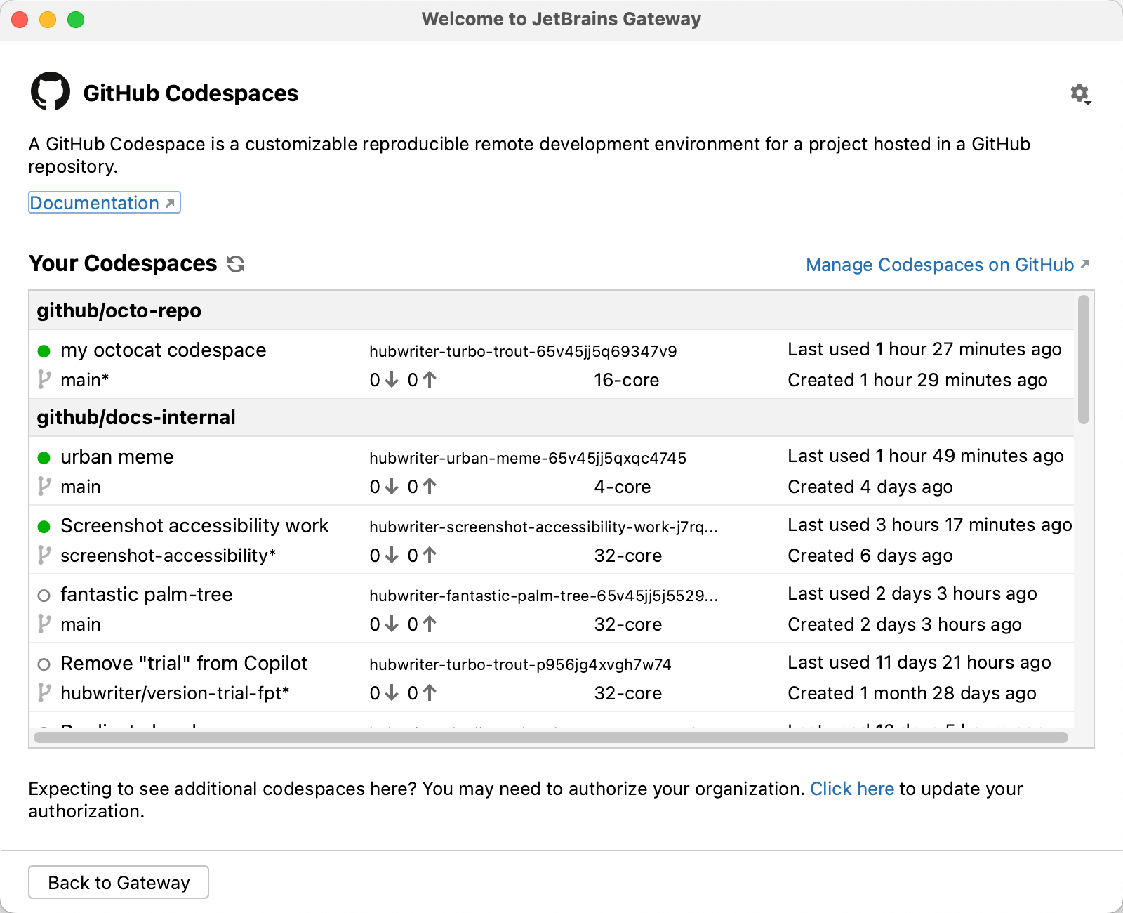 JetBrains Gateway 中的“你的 Codespace”列表的屏幕截图。