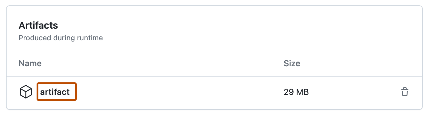工作流运行的“工件”部分的屏幕截图。 该运行生成的工件名称“artifact”以深橙色轮廓突出显示。