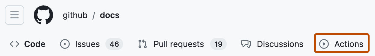 “github/docs”存储库的选项卡的屏幕截图。 “操作”选项卡以橙色边框突出显示。