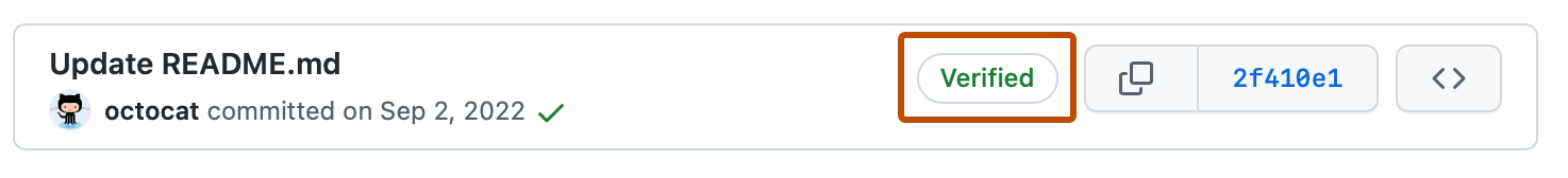 存储库提交列表中提交的屏幕截图。 “已验证”以橙色轮廓突出显示。