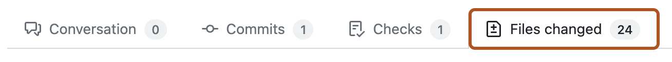 拉取请求的选项卡的屏幕截图。 “已更改文件”选项卡以深橙色突出显示。