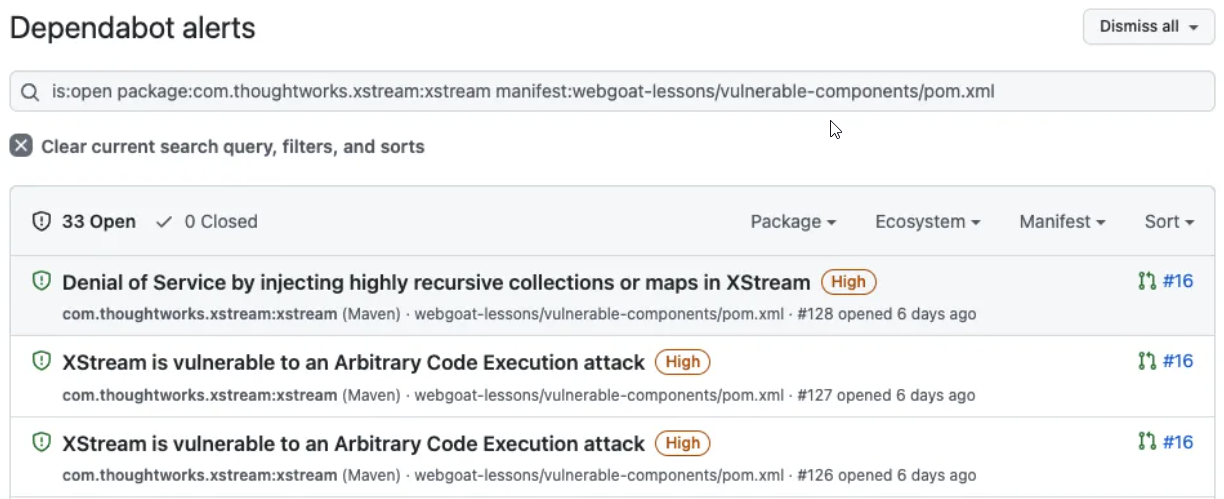 Dependabot alerts 选项卡的屏幕截图，该选项卡在导航到旧版 Dependabot 警报时显示筛选的警报。