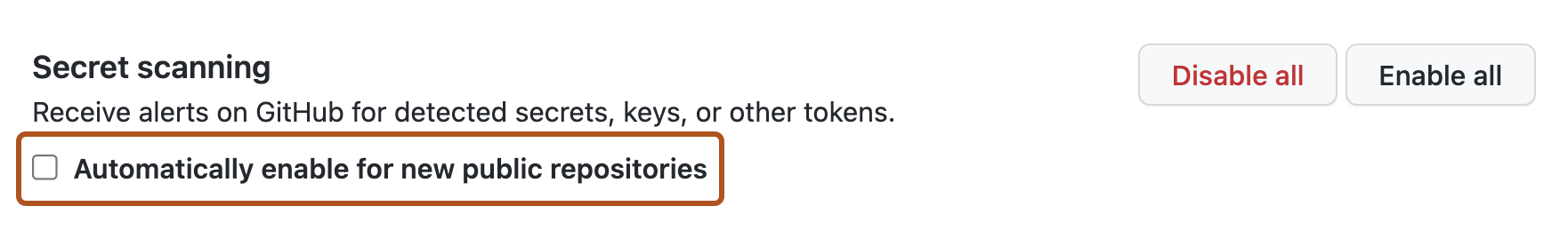 Screenshot of the setting options for "Secret scanning" on the personal account settings page. The option "Automatically enable for new public repositories" is highlighted with an orange outline.