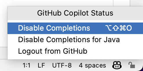 全局或在 JetBrains IDE 中为当前语言禁用 GitHub Copilot 的菜单的屏幕截图。