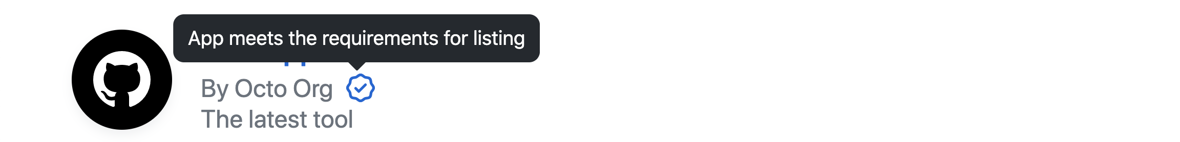 GitHub App 的市场徽章屏幕截图。 鼠标指针悬停在显示工具提示“应用满足列表要求”的图标上。