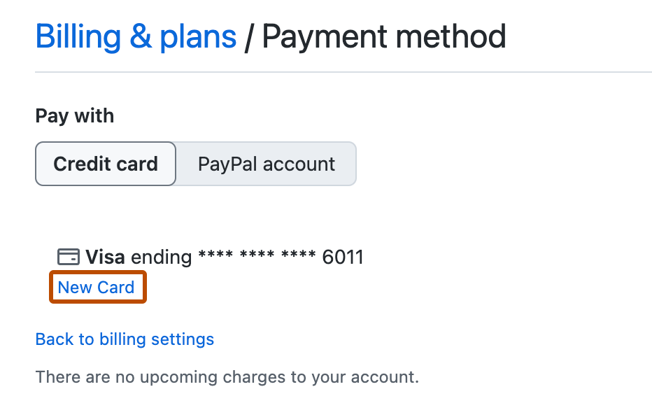 “付款方式”部分的屏幕截图。 在一些卡片详细信息下，标有“新卡”的链接以橙色轮廓突出显示。