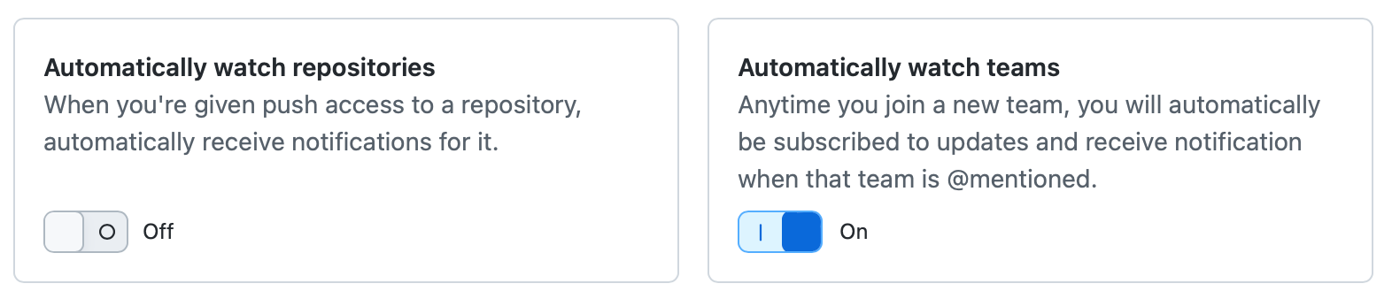 Screenshot of the toggles for "Automatically watch repositories" and "Automatically watch teams".