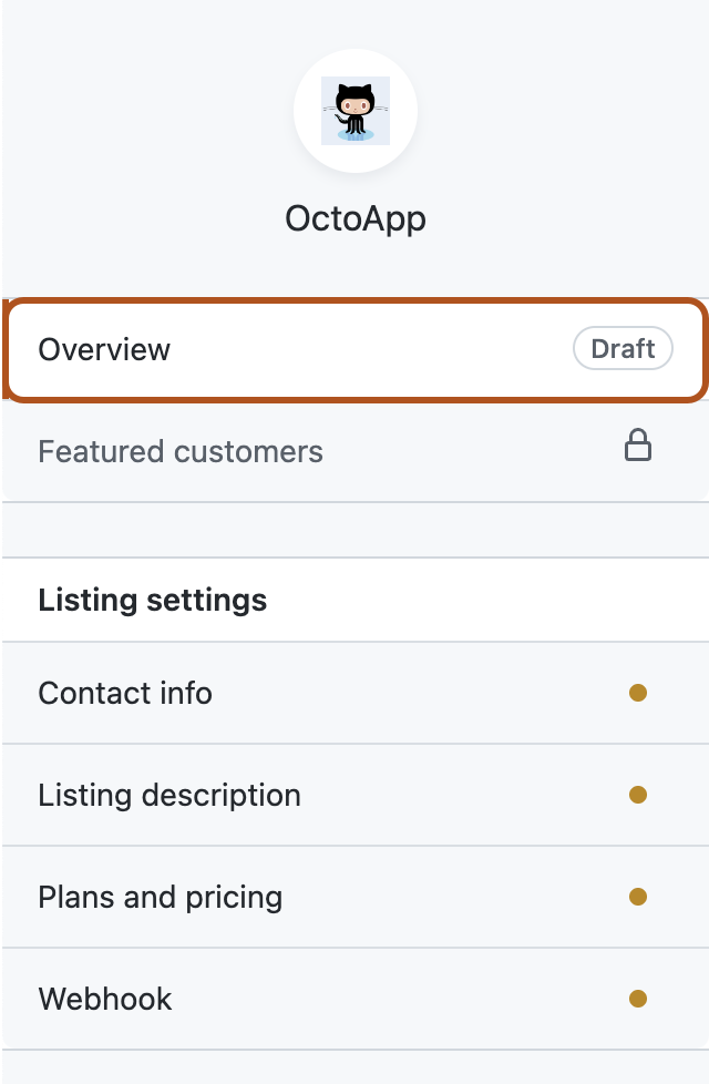 应用上架信息页面上左侧边栏的屏幕截图。 市场草稿上架信息的概述选项以深橙色框出。