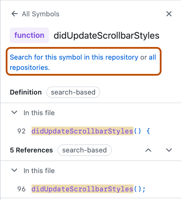 函数窗口的屏幕截图。 标有“在此存储库中搜索此符号”和“所有存储库”的两个链接以深橙色框出。