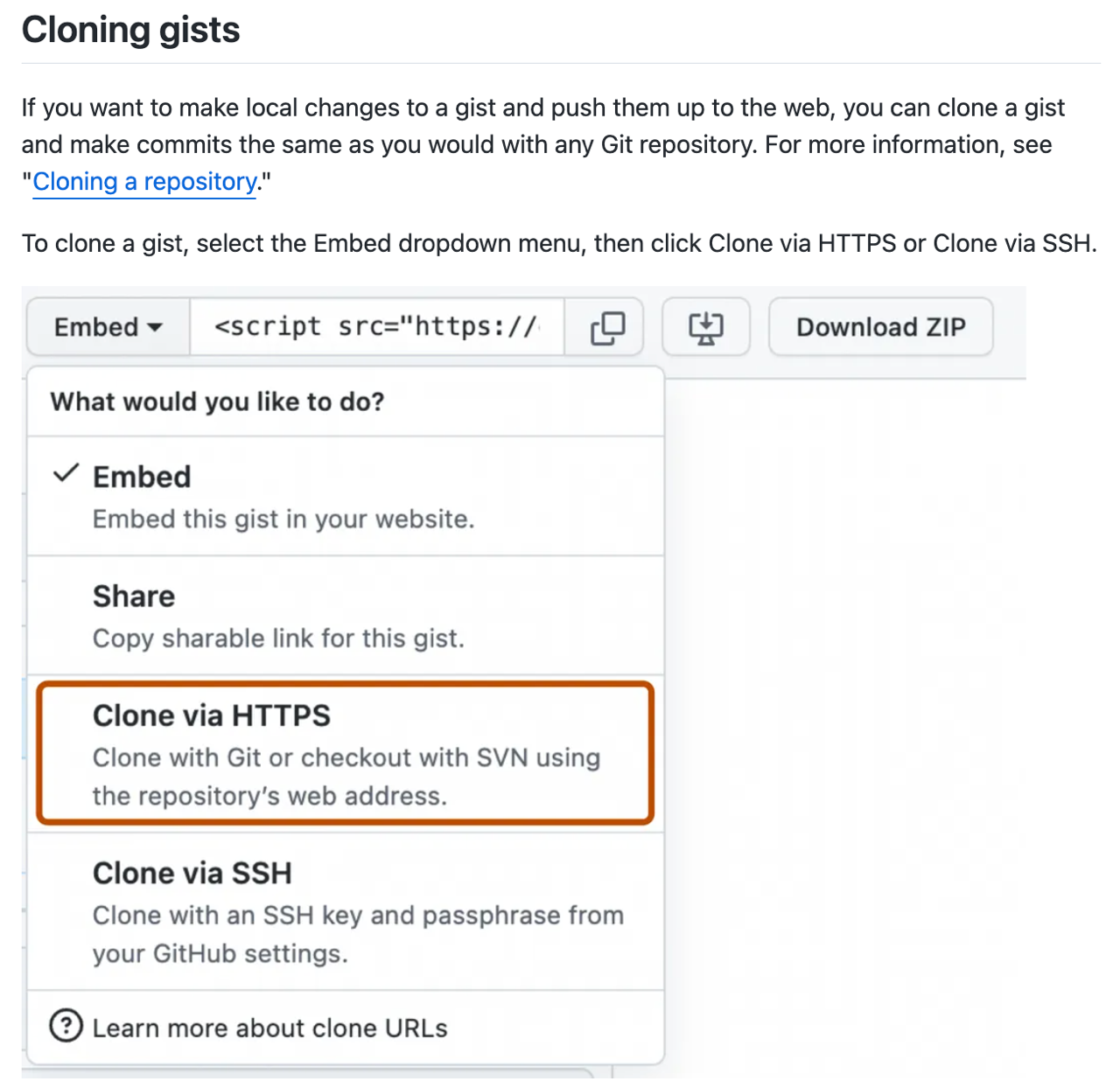 文章的屏幕截图，其中包含说明以及用于在 GitHub 上克隆 Gist 的 UI 的屏幕截图。