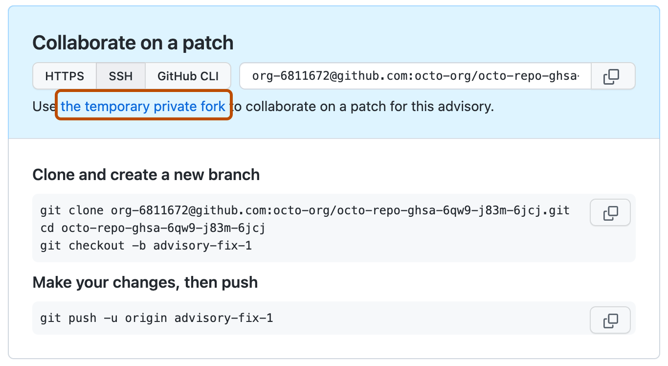 安全公告草稿的“协作处理修补程序”区域的屏幕截图。 “临时私有分支”链接以深橙色框出。