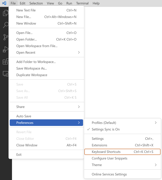 Visual Studio Code 中菜单栏的屏幕截图，其中展开了“文件”菜单。 在“首选项”子菜单中，“键盘快捷方式”选项以橙色边框突出显示。