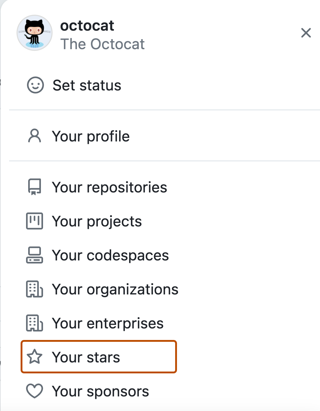 octocat 的个人资料菜单的屏幕截图。 “你的星级”选项以橙色边框突出显示。