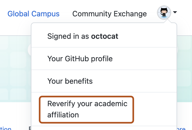 GitHub Education 网站上个人资料菜单的屏幕截图。 “重新验证学术关系”菜单选项以深橙色框出。