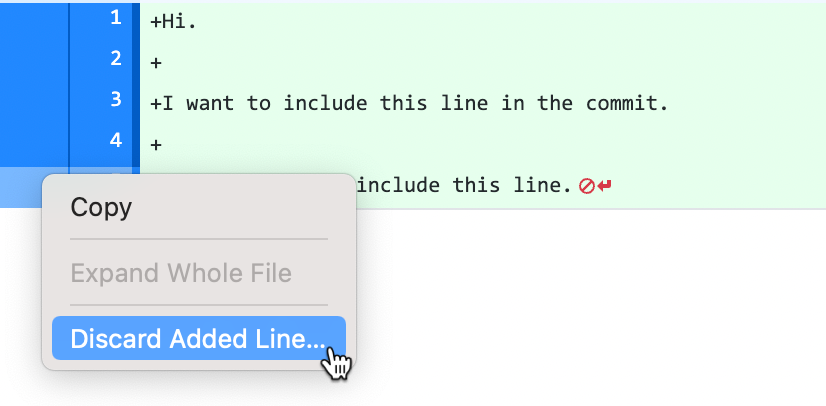 文件的差异视图的屏幕截图。 在上下文菜单中，光标悬停在“放弃添加的行”上，以蓝色突出显示。
