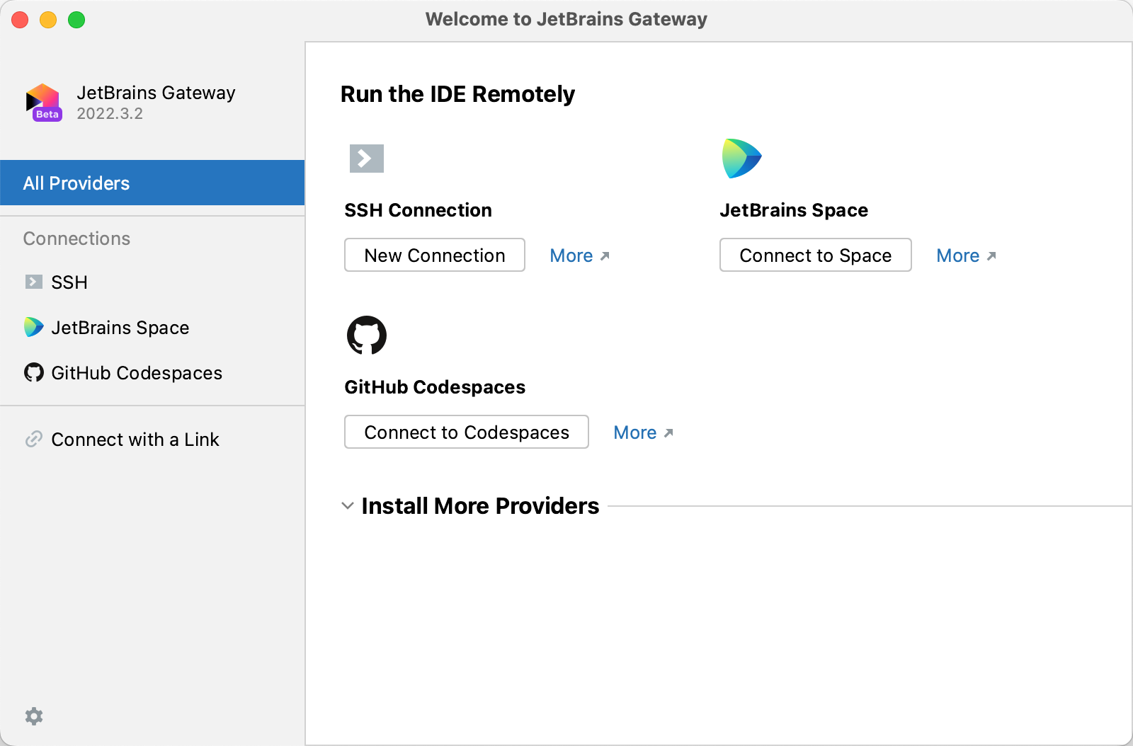 JetBrains Gateway 主页的屏幕截图，其中显示了“连接到 Codespaces”按钮。