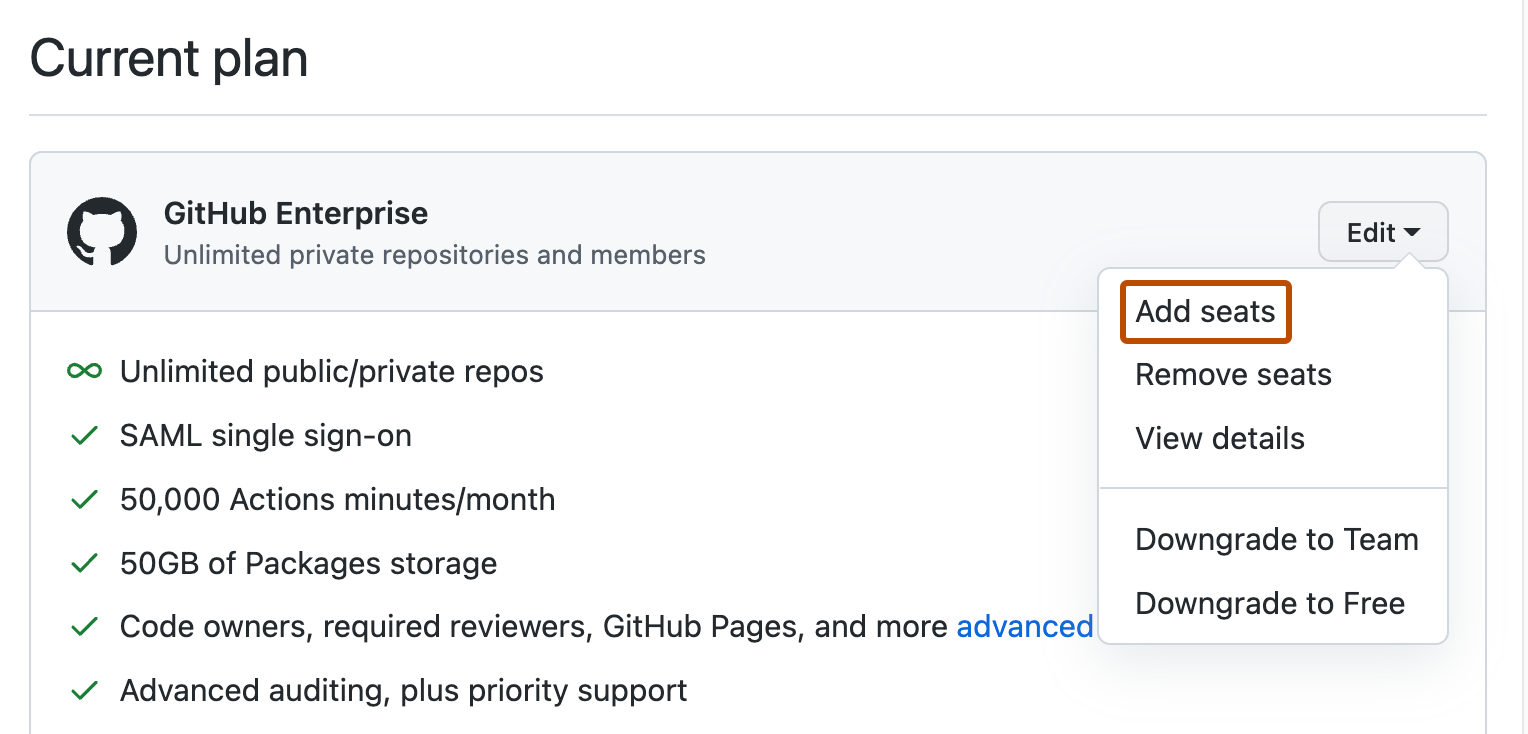 Screenshot of the "Current plan" section. Next to the plan name, in the "Edit" dropdown, the "Add seats" option is highlighted with an orange outline.