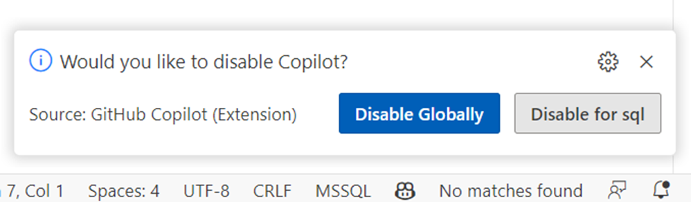 Screenshot of option to disable GitHub Copilot globally or for the current language.